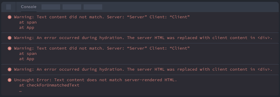 A screenshot of previous errors for a mismatch hydration